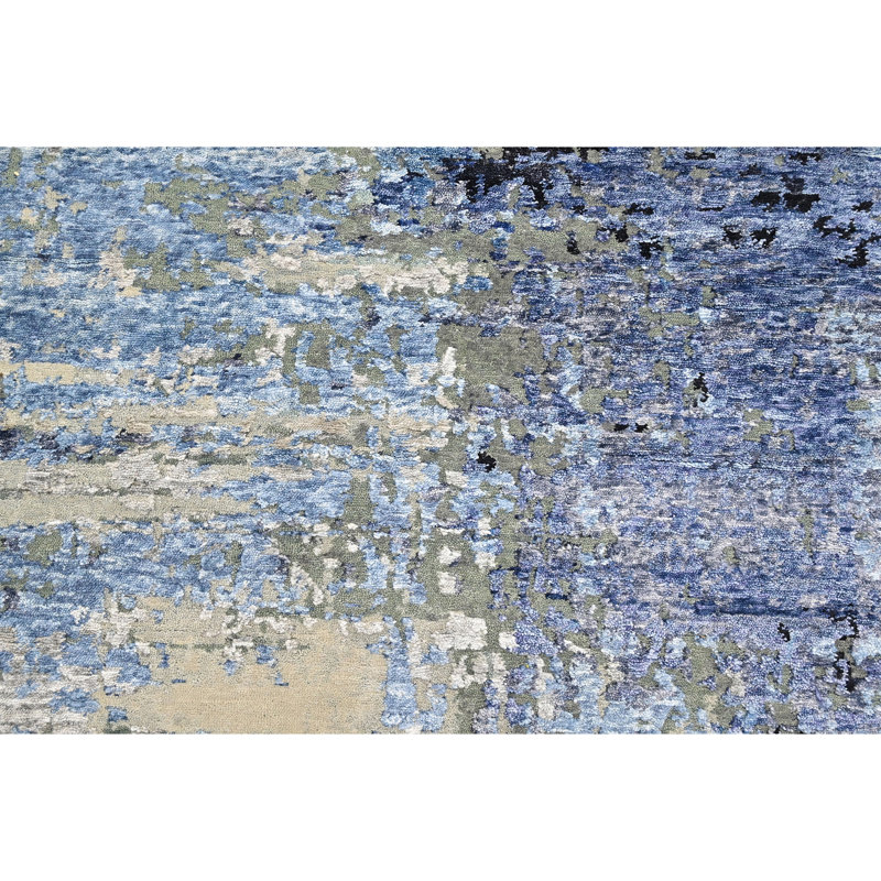 High-Quality Hand-Knotted Beige And Blue Area Rug, Rectangle 6' x 9'