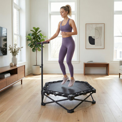 Mini trampoline pliable avec barre en T réglable, rebondisseur d'une capacité de 330 lb et pliage en une étape pour adultes