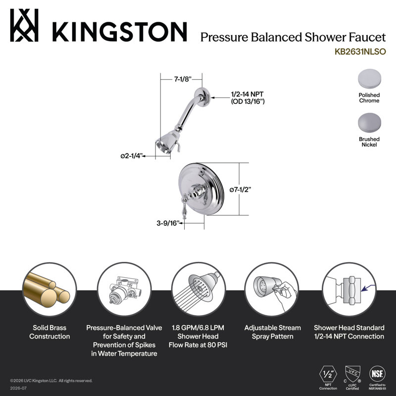 Kingston Brass Single-Handle Pressure Balanced Shower Faucet, Polished Chrome