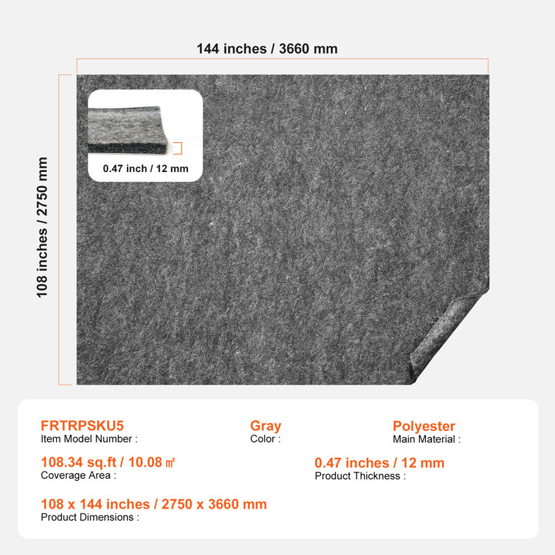 Sous-tapis antidérapant pour tous les planchers, Rectangle 9 pi x 12 pi, 0.47"