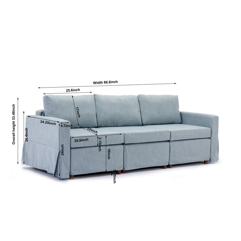 Canapé modulaire moderne à 3 places modulaire, coussin de siège et de dossier amovible et lavable, Bleu clair