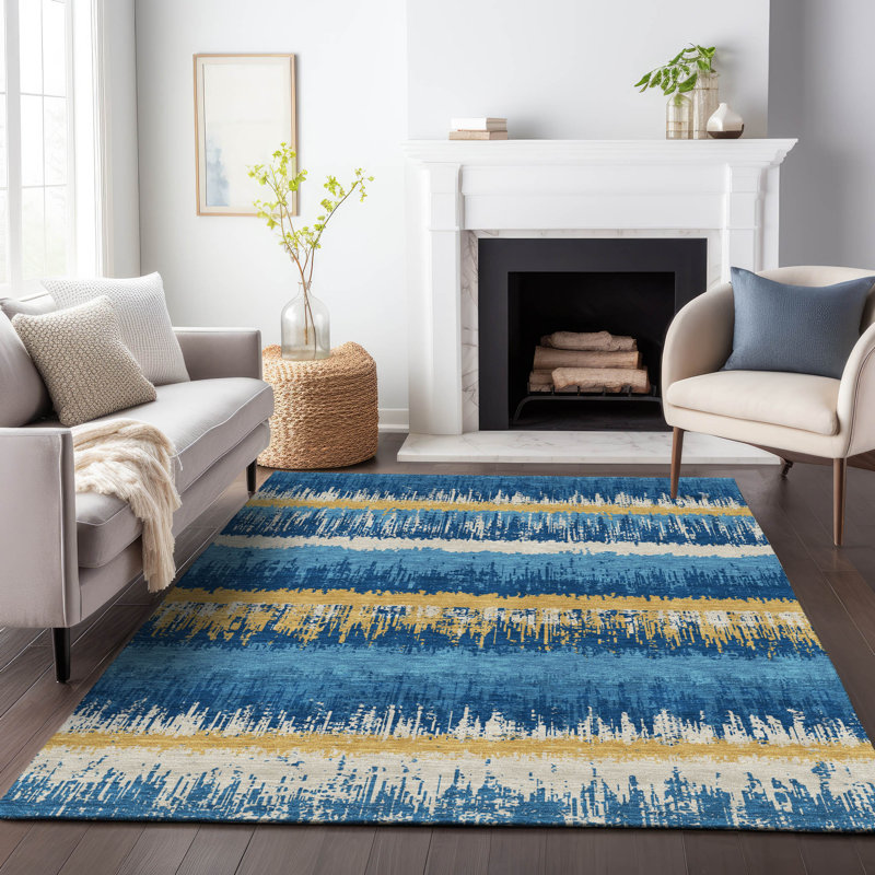 Navy and Gold Flat Woven Synthetic 5' x 7' Rug
