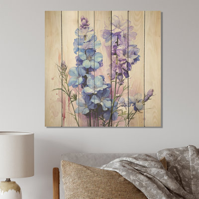 Blue And Purple Delphinium Flower Bouquet II - Delphinium On Wood Print