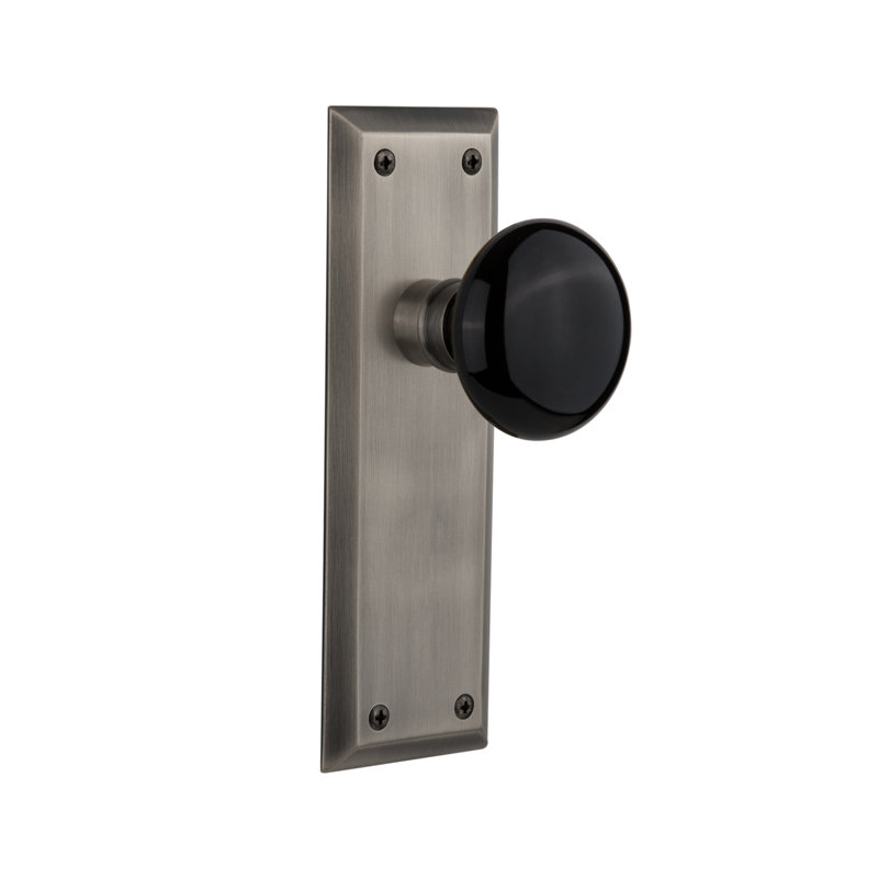 New York Plate with Black Porcelain Door Knob, Antique Pewter