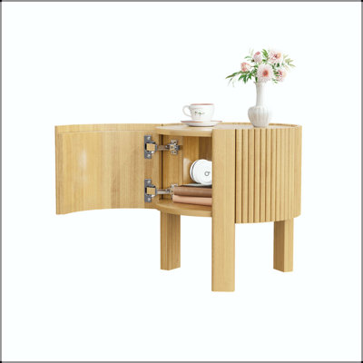 Round Fluted Side Table with Storage and Natural Finish