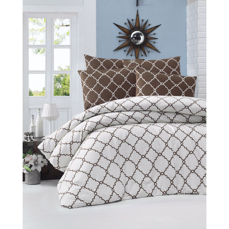 Ensemble de housse de couette XXL Luxury Ranforce, 100% coton, housse de couette 61 x 87 et taie d'oreiller 31 x 31 | 145 fils, fermeture à boutons pour couette, fermeture à enveloppe pour oreiller | Lavable à la machine, élégant design blanc et brun