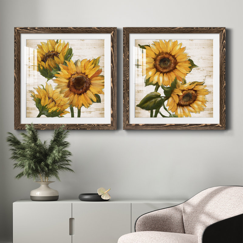 Tournesol d'été I - ensemble de 2 peintures, H 20 po x l 40 po, Papier dans un cadre photo, Walnut