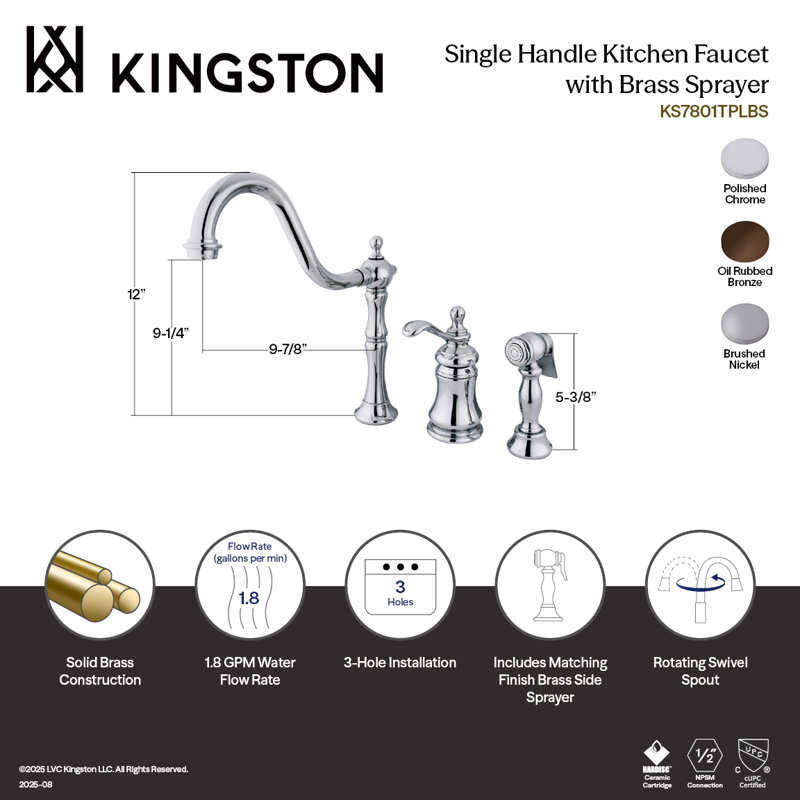 Kingston Brass Templeton Single-Handle 3-Hole Widespread Kitchen Faucet with Brass Sprayer, Oil Rubbed Bronze