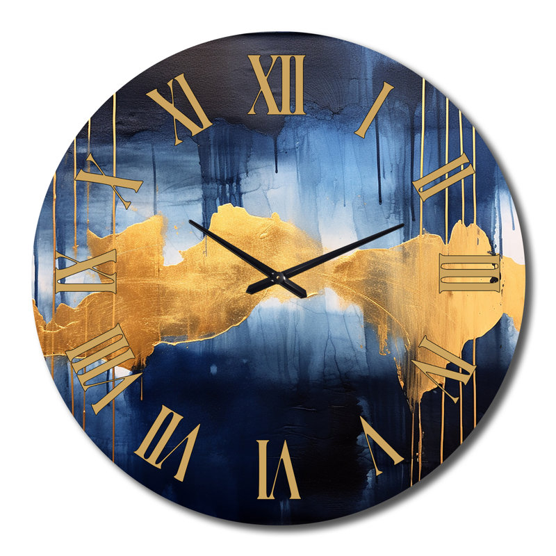 Tapisserie azur abstraite dorée et bleue II - Horloge murale abstraite, Très grand