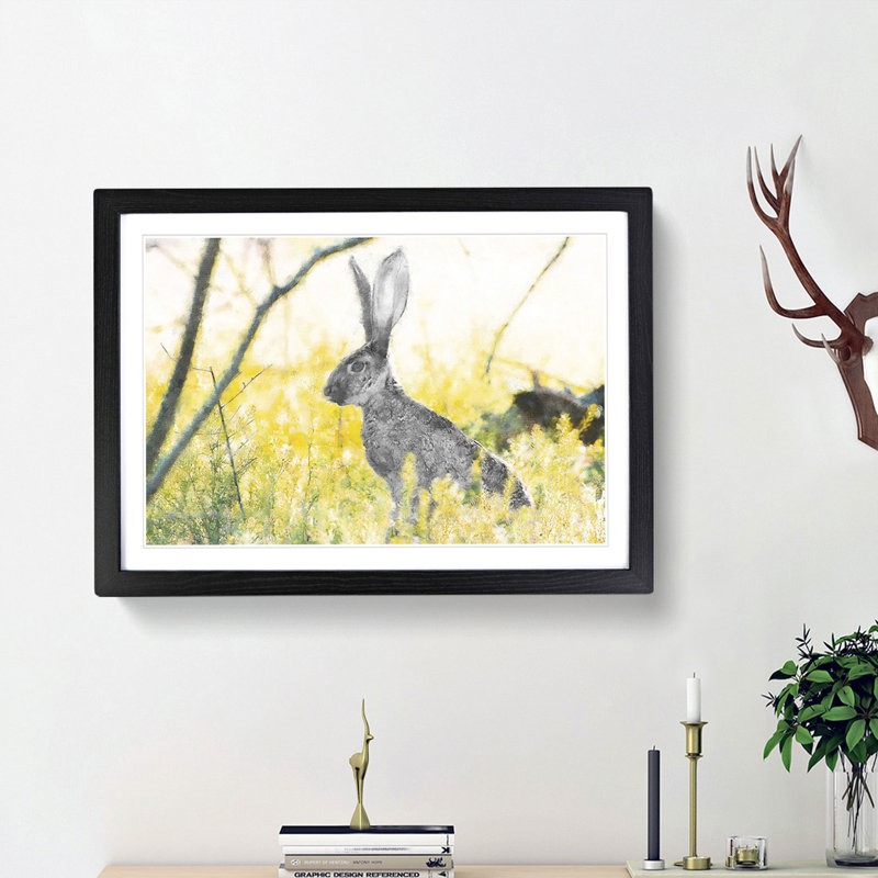 Alert Hare In The Meadow - Single Picture Frame Painting on MDF, Black Framed, 36cm H x 48cm W x 2cm D