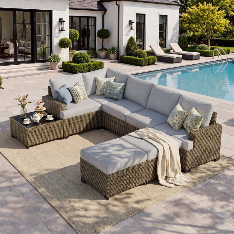 Ensemble de conversation modulaire 8 pièces pour patio avec osier en PE, coussins de 4 po et table basse, Gris