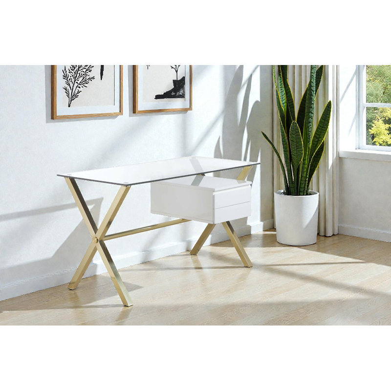 Pangea Home Beverly Writing Desk - 51" Modern Writing Desk – Office Desk for Home Workspace or Bedroom- White Lacquer with Gold Steel X-Leg Desk