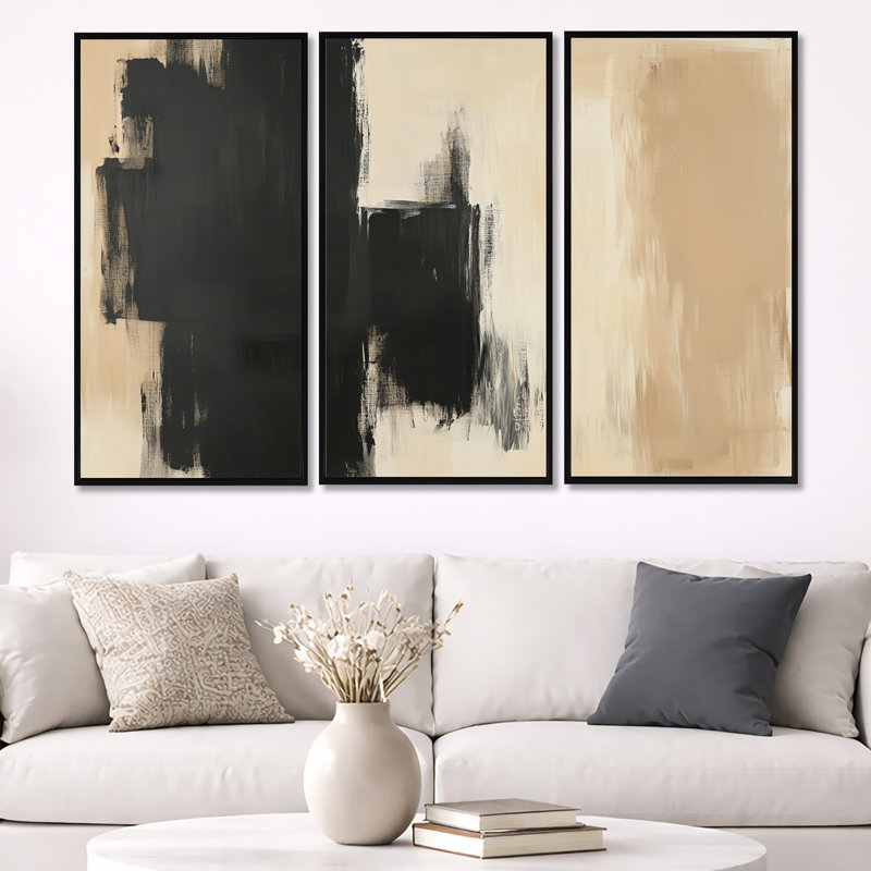 Ensemble de 3 décorations murales encadrées Carters I - Brushstroke, H 40 po x l 60 po, Cadre flottant noir