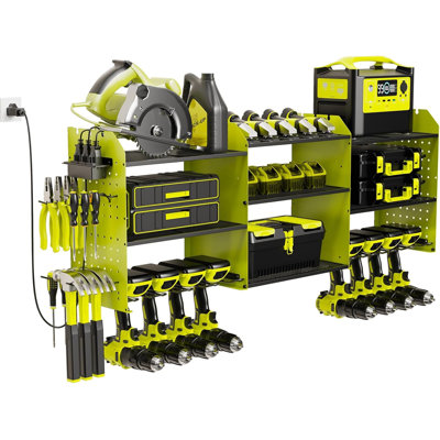 Organisateur d'outils électriques avec support mural pour station de charge, rangement pour garage robuste à 3 couches, rangement pour outils de garage d'une longueur de 45,5 pouces, 8 perceuses, 2 méthodes d'assemblage [Vert]
