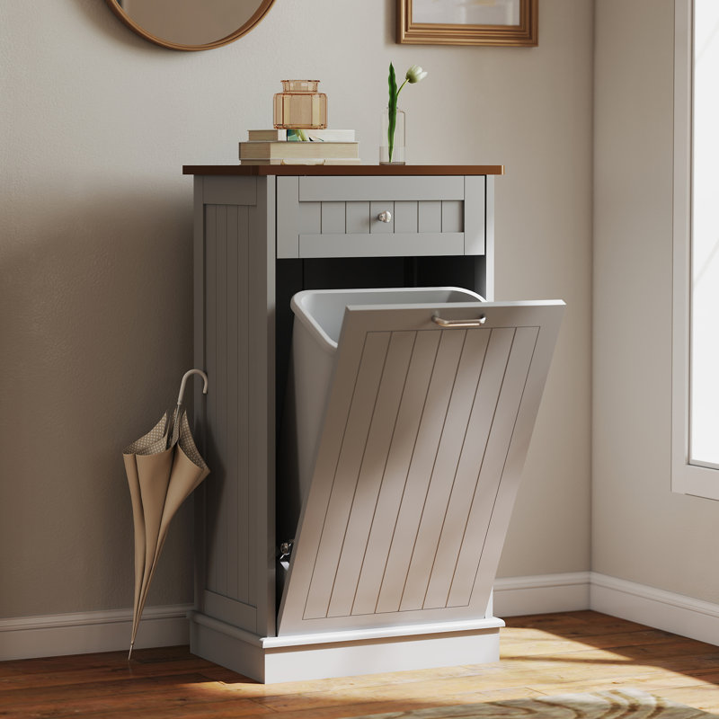 Armoire poubelle inclinable de 13 gallons de style Mid-Century moderne avec grand tiroir de rangement, porte-bac de recyclage de cuisine en bois massif et trieur de linge, poubelle peu encombrante pour salle à manger, vestibule ou garde-manger