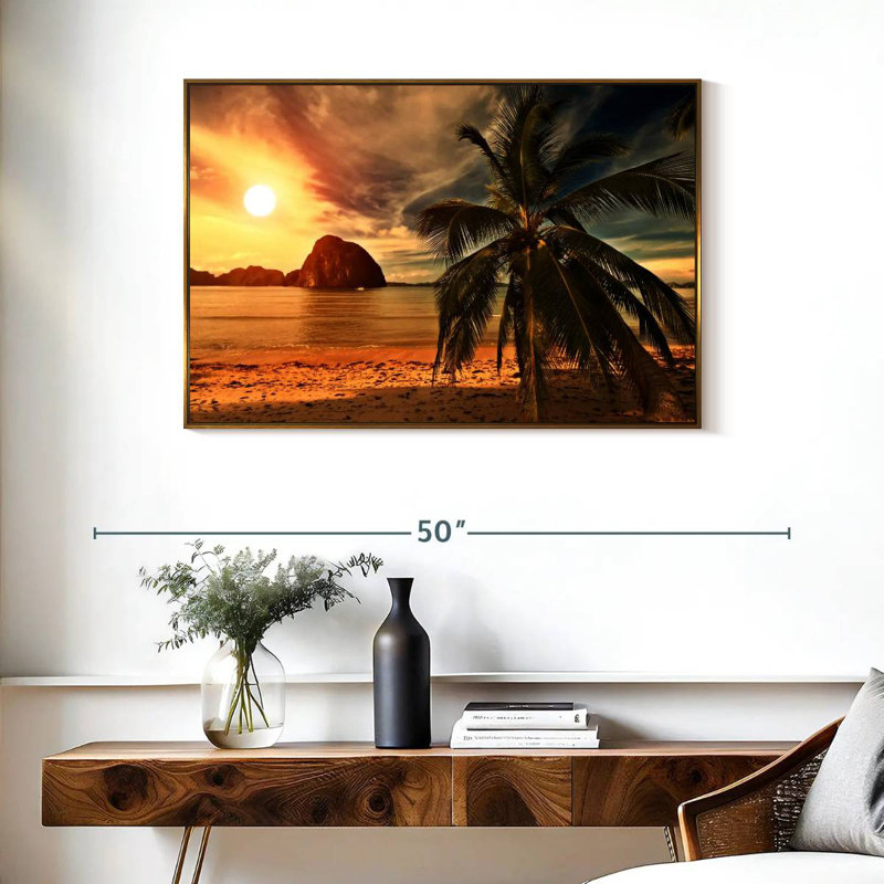 Coucher de soleil sur la plage chaude, Cadre flottant doré, 37 po x 25 po