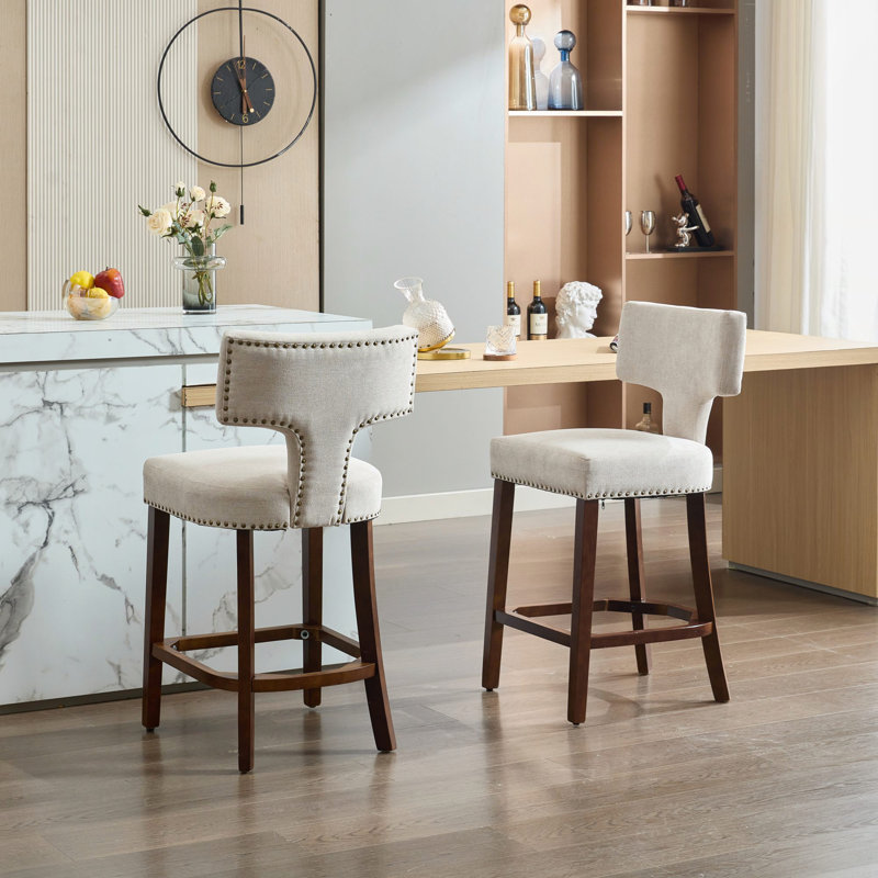 Ensemble de 2 tabourets de bar Mid-Century modernes à hauteur de comptoir avec dossier incurvé et clous en cuivre, Beige