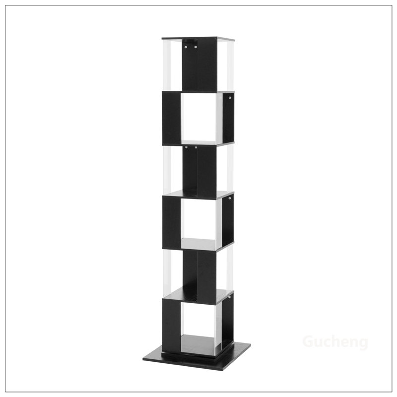 Bibliothèque rotative à 6 niveaux avec plaque en acrylique, multifonction et élégante pour le salon, Noir