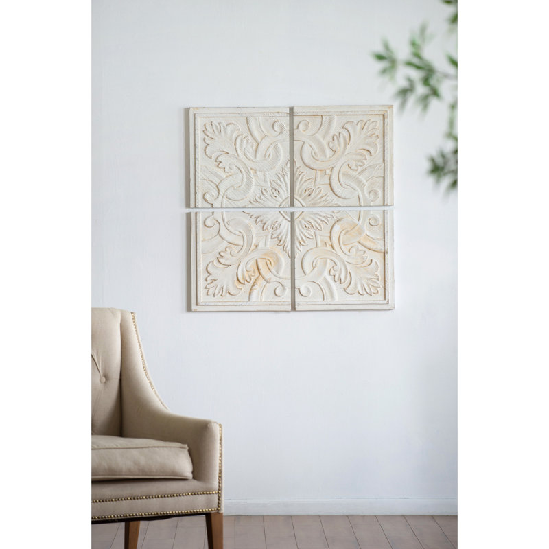 17.5X17.5" Natural Fir Wood Panels, Distressed White-Wash, Intricate Medallion For Multiple Interior Themes Wooden 100% Wood, Accent Diverse Styles