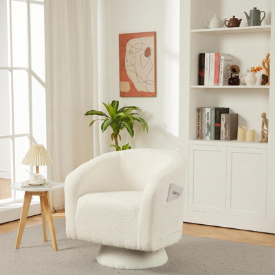 360 Degree Swivel Boucle Barrel Accent Chair, Fluffy Plush Upholstered Single Sofa with Convenient Side Storage Pocket, Modern Comfy Lounge Armchair for Living Room, Bedroom, Apartment & Reading Nook