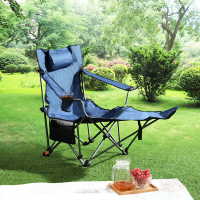 Portable Dark Blue Folding Camping Chair, Adjustable Reclining With Three Levels, Side Pockets, Cup Holder, Carry Bag, Comfortable Seating For Hiking And Barbecues Outdoor Reclining, Steel Frame,