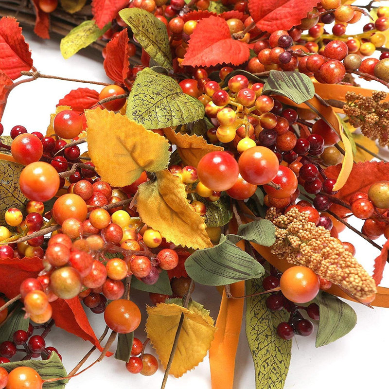Couronne de baies artificielles 15,7 po avec baies mélangées, feuilles d'automne et blé - Décoration de porte de l'Action de grâce