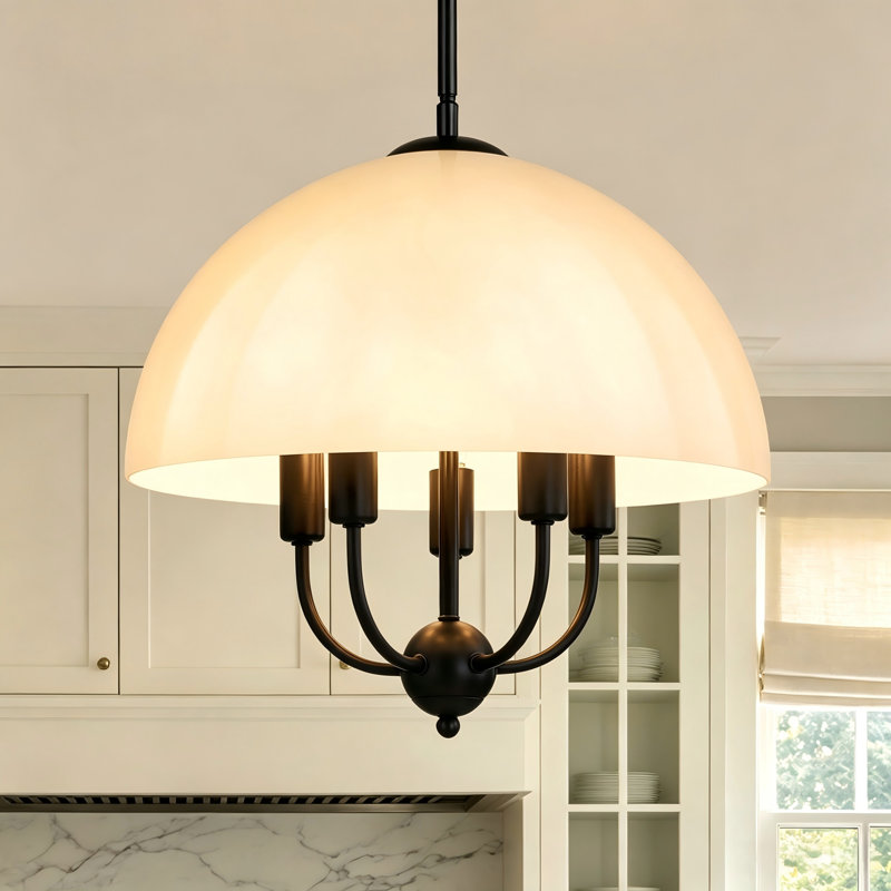 Lustre moderne de style transitionnel à 5 ​​lumières de 18 pouces, noir mat, avec abat-jour en forme de dôme, idéal pour la salle à manger, l'îlot de cuisine et l'entrée.