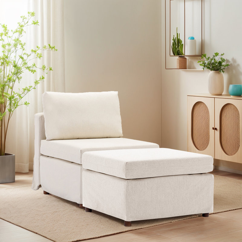 Chaise d'appoint rembourrée sans accoudoirs avec repose-pieds, Polyester crème