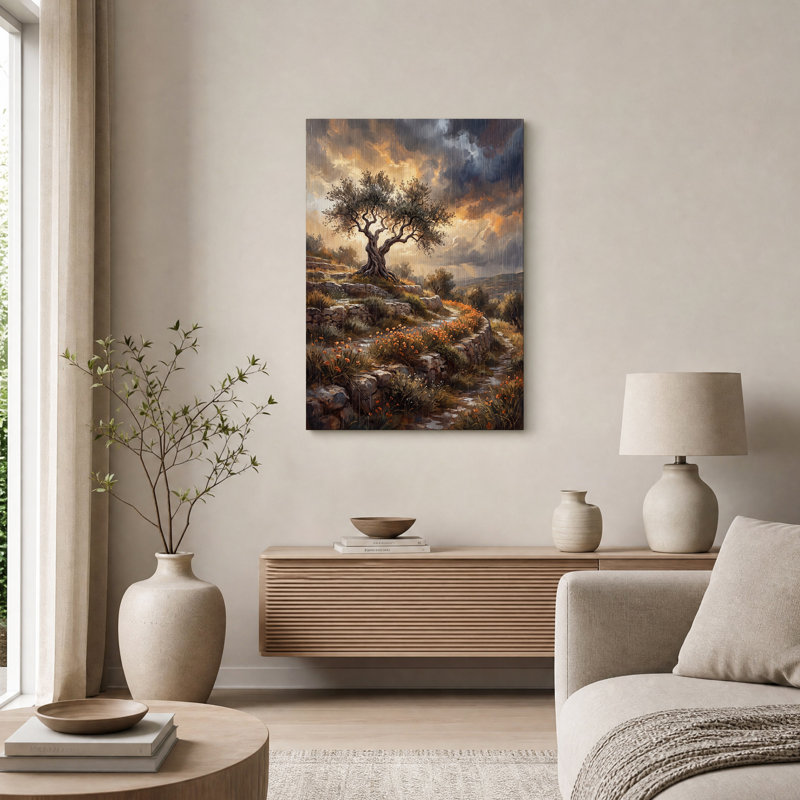 «Gnarled Olive Tree Rainy Landscape Orange Flowers», art mural sur toile, H 24 po x l 18 po