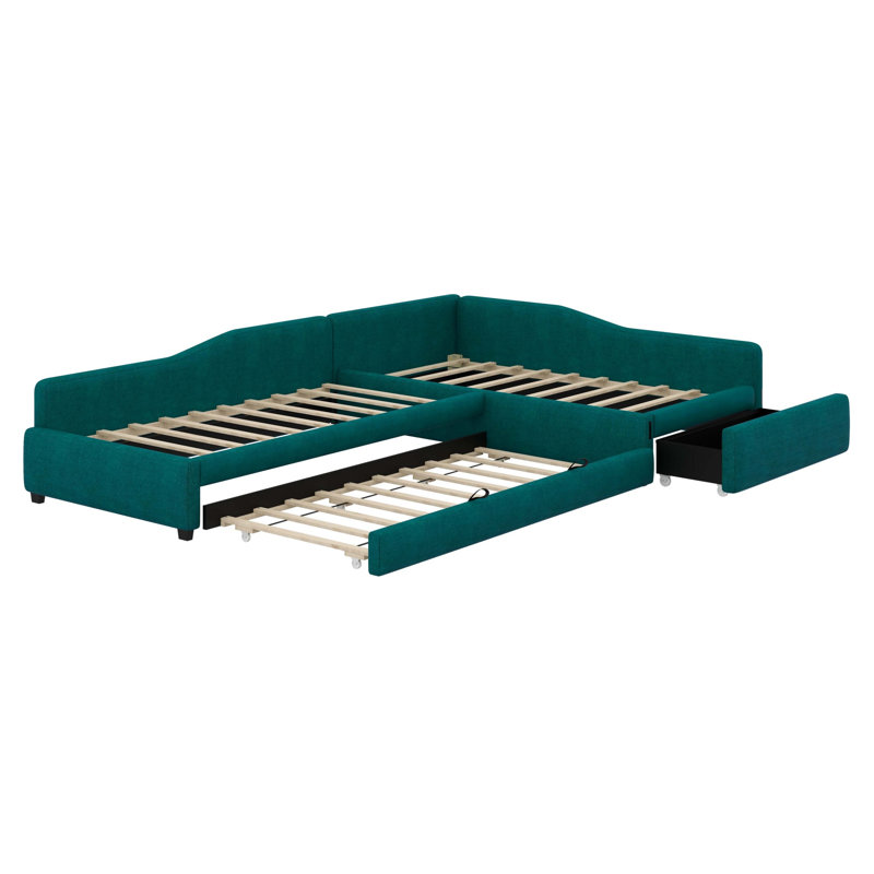 Upholstered Double Daybed With Trundle And Drawer, Green