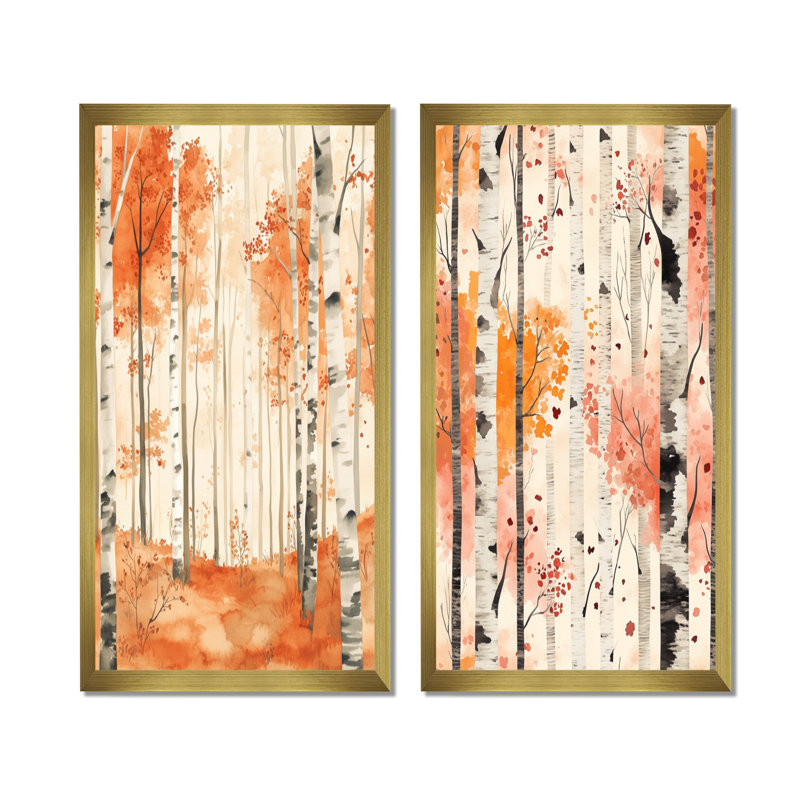 Forêt de bouleaux ambrés I - Ensemble de 2 impressions sur toile représentant un bouleau, 40" H x 40" W, Gold Picture Framed