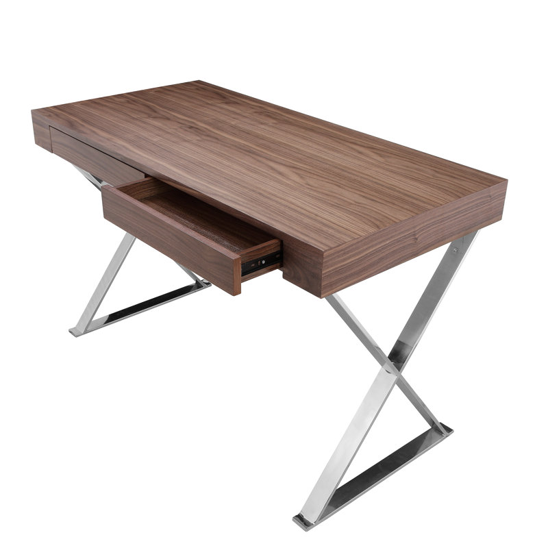 Pangea Home Alexa Modern Writing Desk – with Sleek Metal Steel Legs, Contemporary Executive Computer Table - Office, Bedroom, Entry - Walnut Brown Desk with Silver Legs