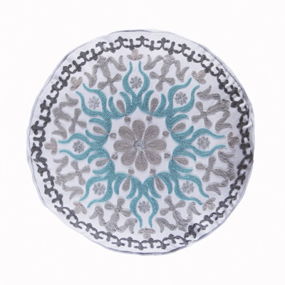 Bondi Stripe Grey Round Crewel Stitch Pillow
