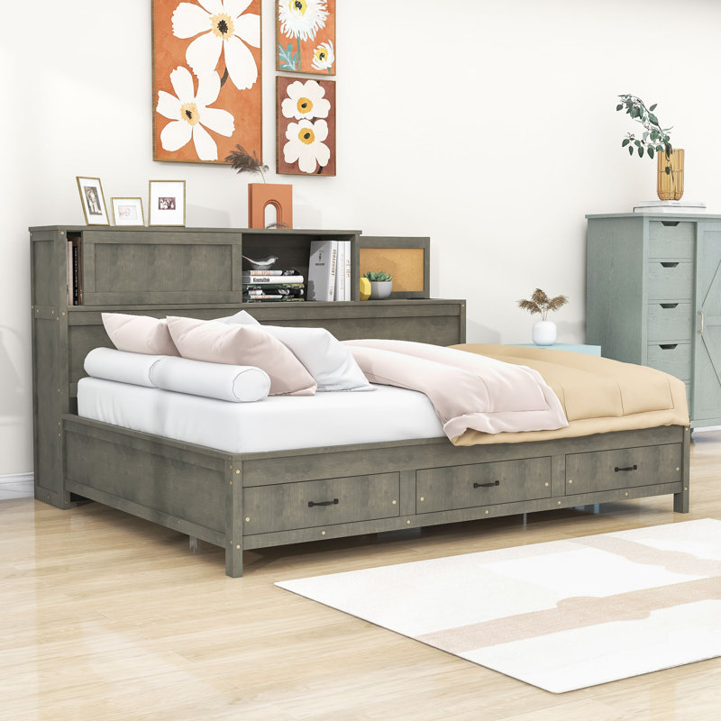 Wood Daybed with Drawers, Shelves, Sockets and USB Ports, Gray, Full