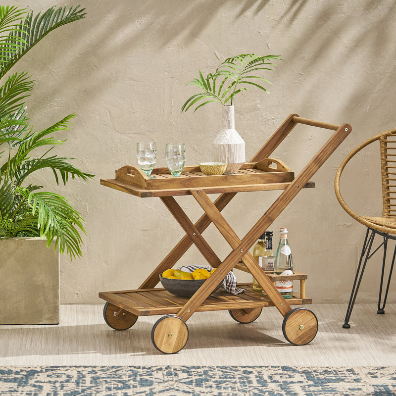 Chariot-bar en bois - 6 po de hauteur, naturel, rangement supplémentaire mobile de 23,70 po de largeur, bois naturel