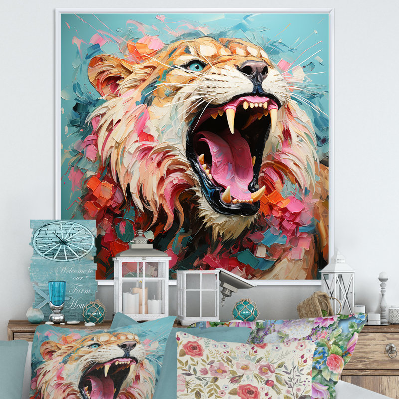 Lion rose rose - décoration murale animal lion, H 16 po x l 16 po x P 1 po, Cadre flottant blanc