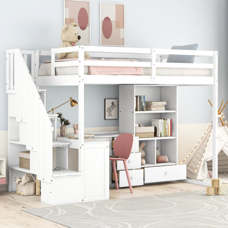 Lit mezzanine simple avec bureau en forme de L, tiroirs, armoire, escalier de rangement - Blanc d'escalade confortable et de haute qualité