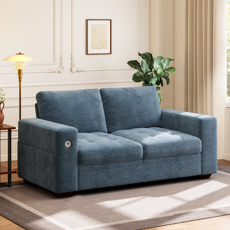 Mireno 70'' Upholstered Chenille Loveseat Sofa With Storage Pockets Couches And USB Charging Port, Blue