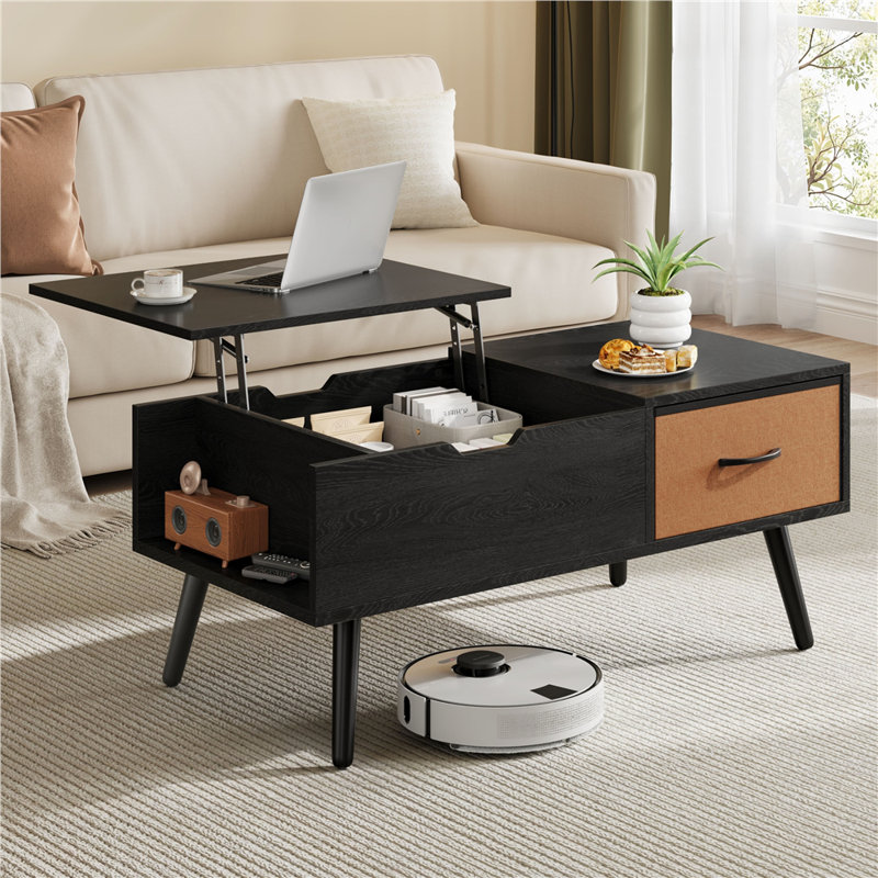 39.5" W Lift Top Coffee Table with Hidden Compartment and Drawer, Black/Rustic Brown