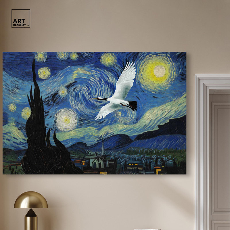 «Crane Starry Night» par Pet , H 36 po x l 54 po, Toile tendue