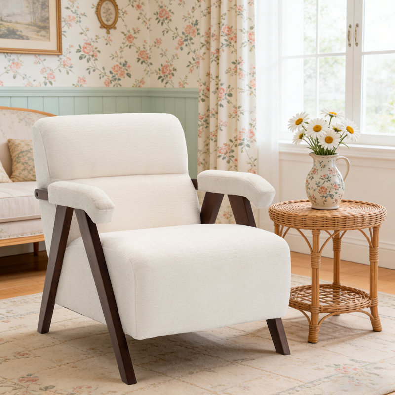 Chaise d'appoint rembourrée de style Mid-Century avec pieds en bois massif, Ivoire ivoire