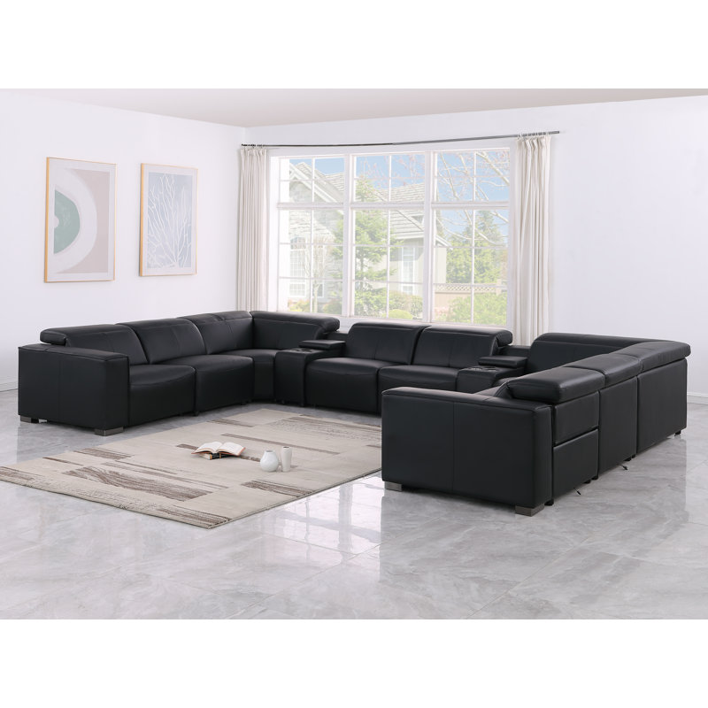 Pasadena Luxurious 10-Piece U-Sectional In Genuine Leather With 4 Power Recliners And Power Headrests, Black