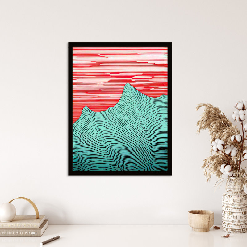 Linear Waves Abstract Line Drawing Sea Red and Turquoise 1 Piece Single Picture Frame Wall Art