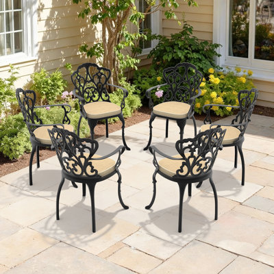 Cast Aluminum Patio Dining Chair 6PCS With Black Frame And Off-White Cushions (Same Sku:W1710P166007)
