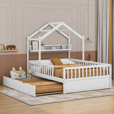 Storage Wooden Full Size House Bed with Trundle and Shelf -  Cosmic, COS83091829AAK