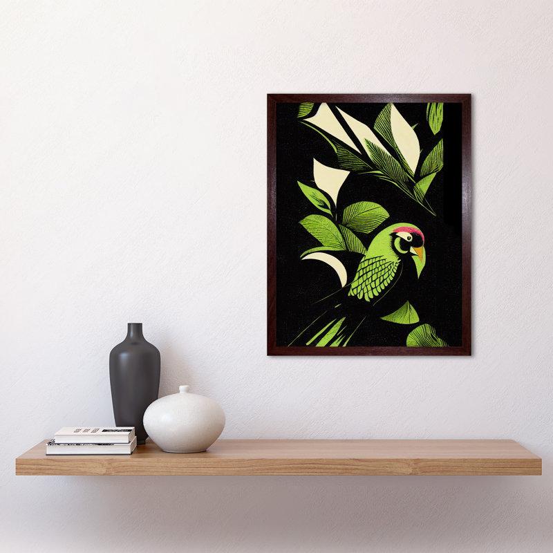 Jungle Leaf Bird Modern Vintage Linocut - Rectangle Print, 43cm H x 33cm W, Brown Framed Paper