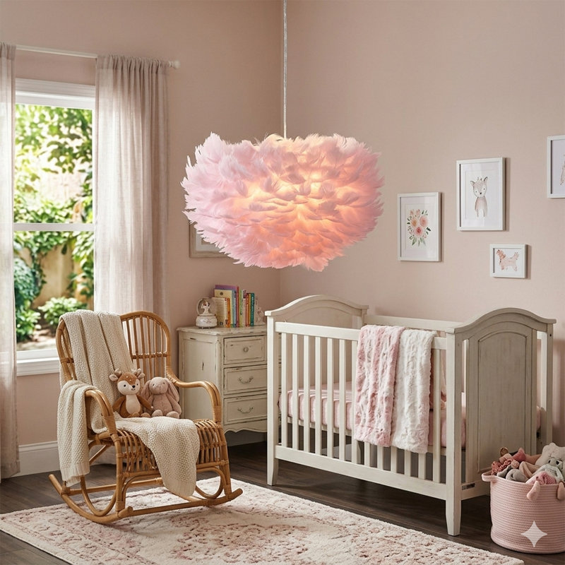 Luminaire suspendu 3 lumières en plumes d'oie rose, Pink