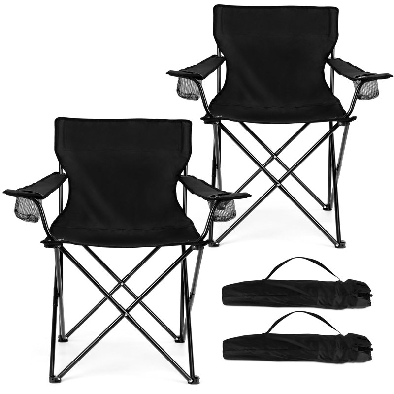 Foldable Camping Chair Set Of 2, Folding Camp Chairs For Adults, Large Portable Lawn Chair, Supports 275Lbs & Include Storage Bags (Black)