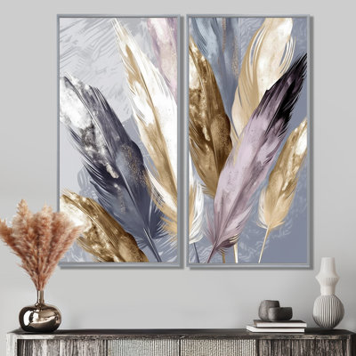 Purple Feather Boho Majesty - Modern Wall Art 2 Panels