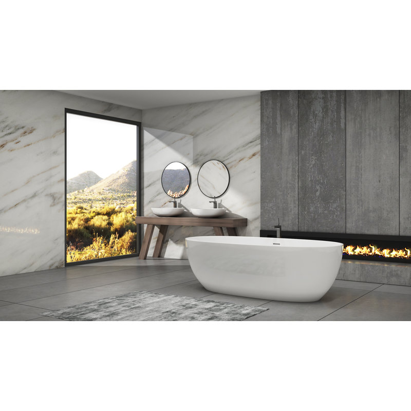 Sunset 58" x 32" Freestanding Soaking Solid Surface Bathtub, Glossy White